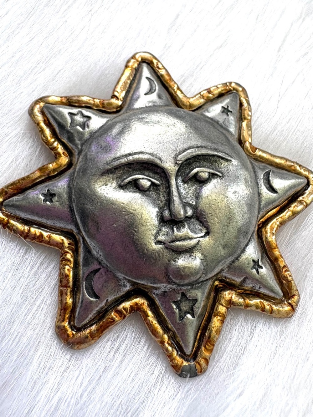 Whimsigoth Sun face Brooch Pin, JJ Jonette, Two Tone Pewter Sun Moon Star, 80s